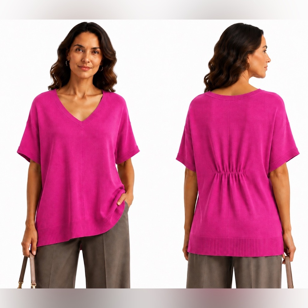 Eileen Fisher XS Linen Oversized V neck Top Elastic Back Detail Pink Tunic S/L@